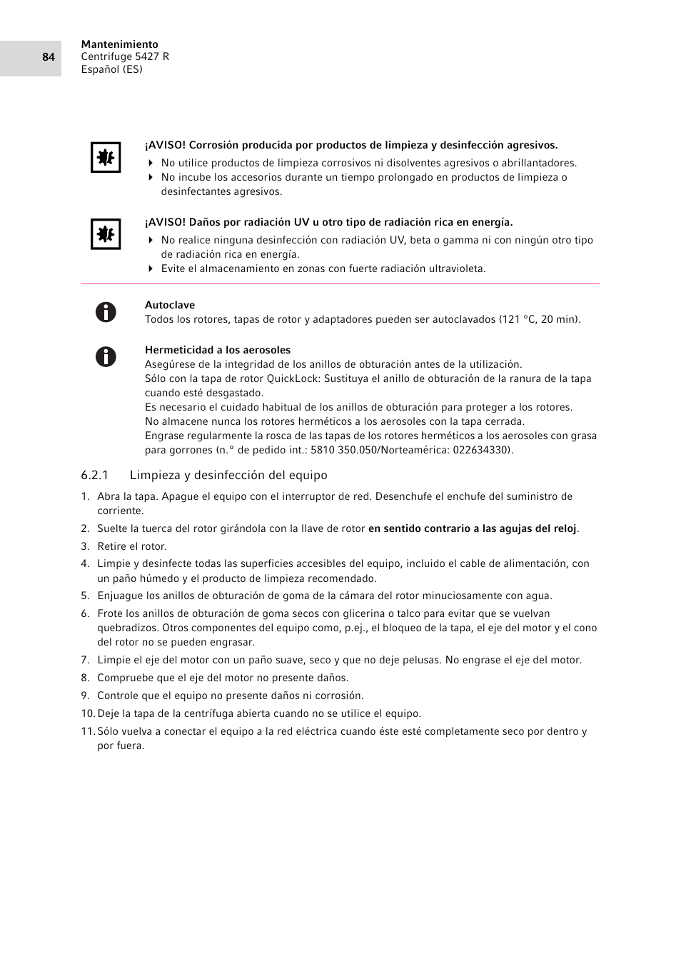 1 limpieza y desinfección del equipo, Limpieza y desinfección del equipo | Eppendorf Centrifuge 5427 R User Manual | Page 84 / 104