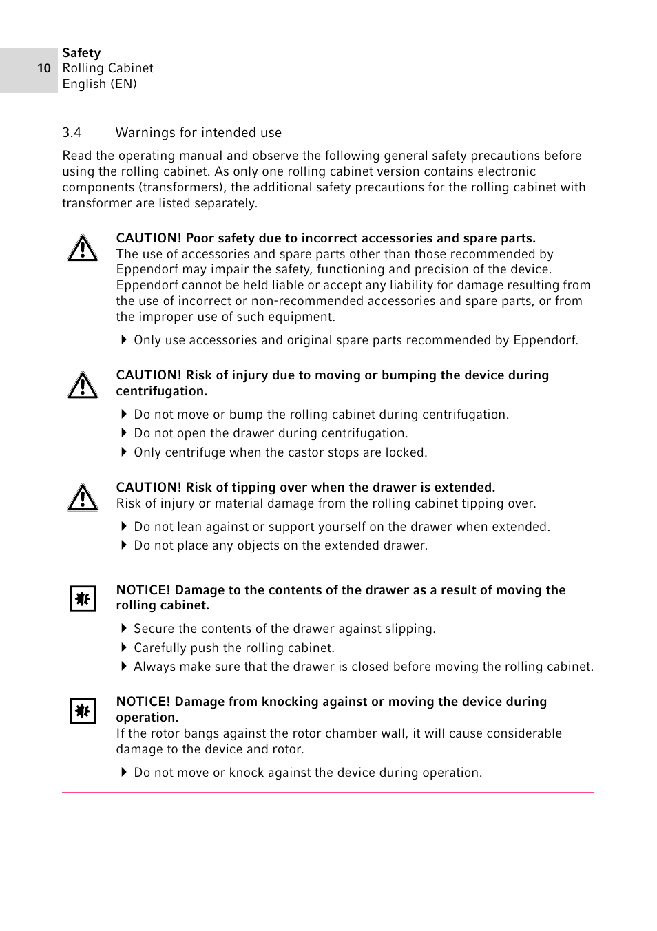 4 warnings for intended use, Warnings for intended use | Eppendorf Rolling Cabinet User Manual | Page 10 / 34