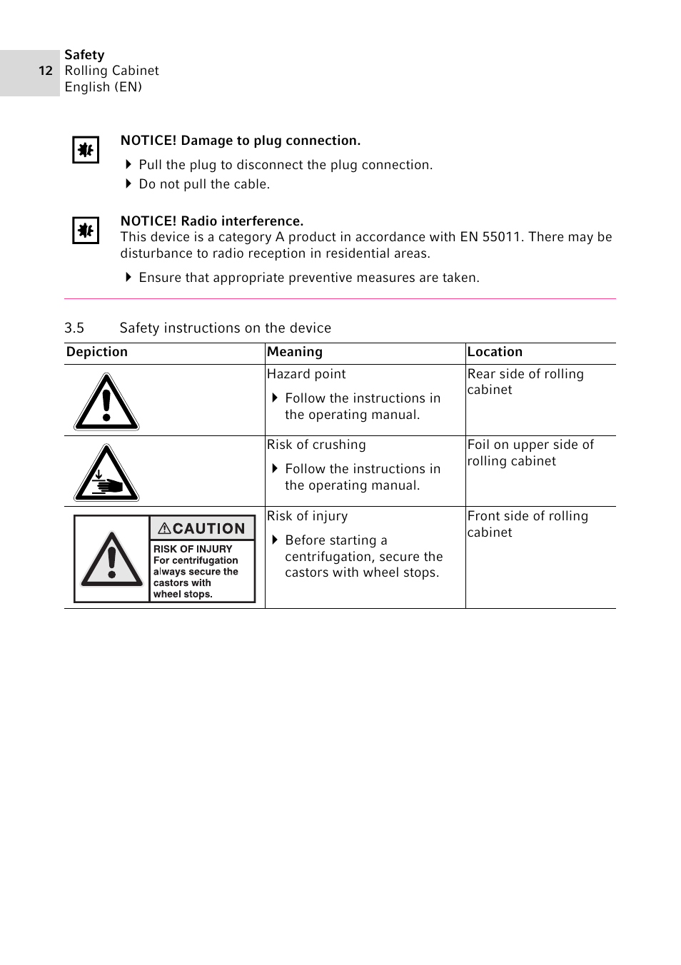 5 safety instructions on the device, Safety instructions on the device | Eppendorf Rolling Cabinet User Manual | Page 12 / 34