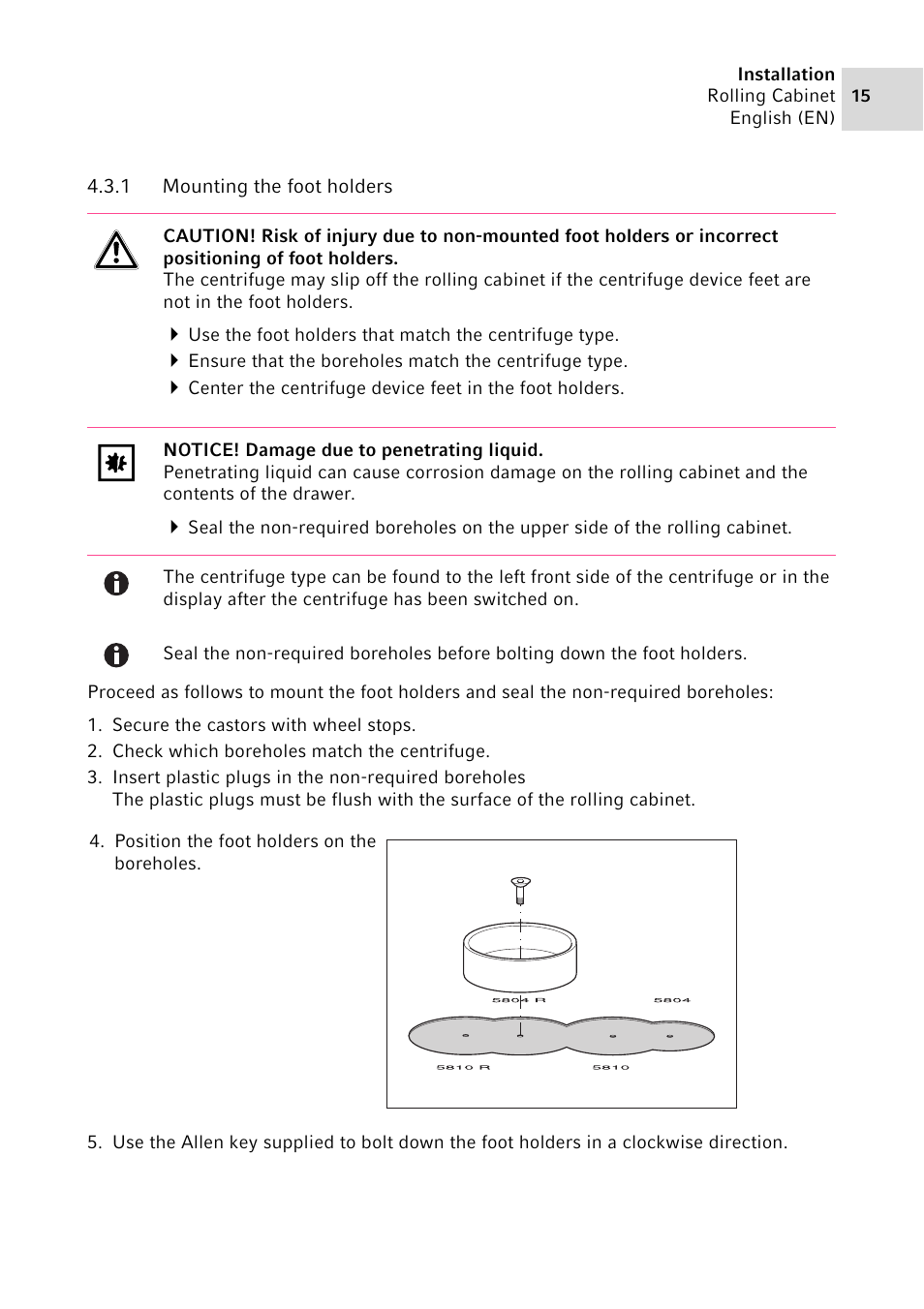 1 mounting the foot holders, Mounting the foot holders | Eppendorf Rolling Cabinet User Manual | Page 15 / 34