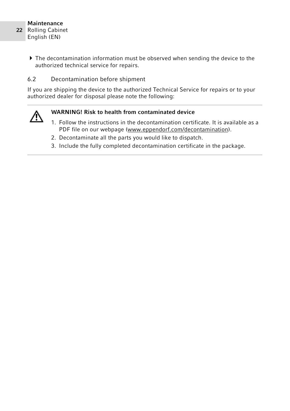 2 decontamination before shipment, Decontamination before shipment | Eppendorf Rolling Cabinet User Manual | Page 22 / 34