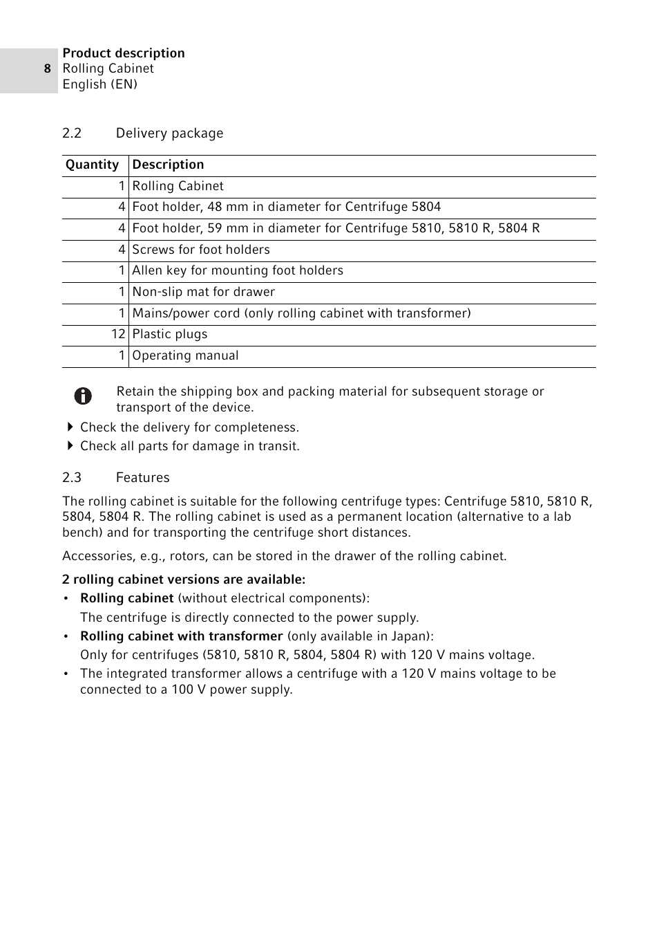 2 delivery package, 3 features, Delivery package | Features | Eppendorf Rolling Cabinet User Manual | Page 8 / 34