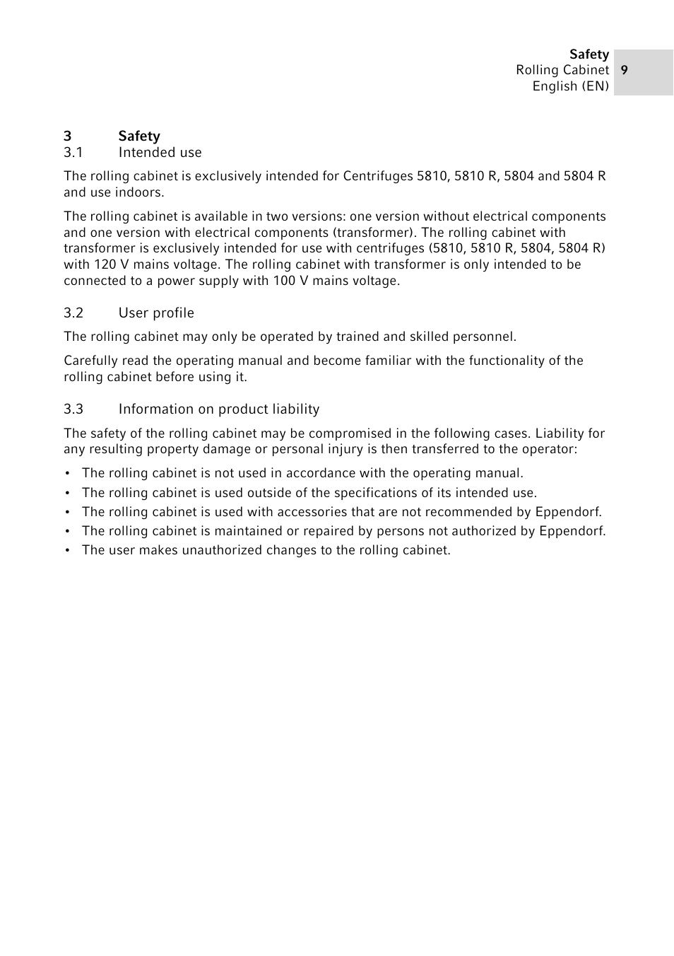 3 safety, 1 intended use, 2 user profile | 3 information on product liability, Safety 3.1, Intended use, User profile, Information on product liability | Eppendorf Rolling Cabinet User Manual | Page 9 / 34