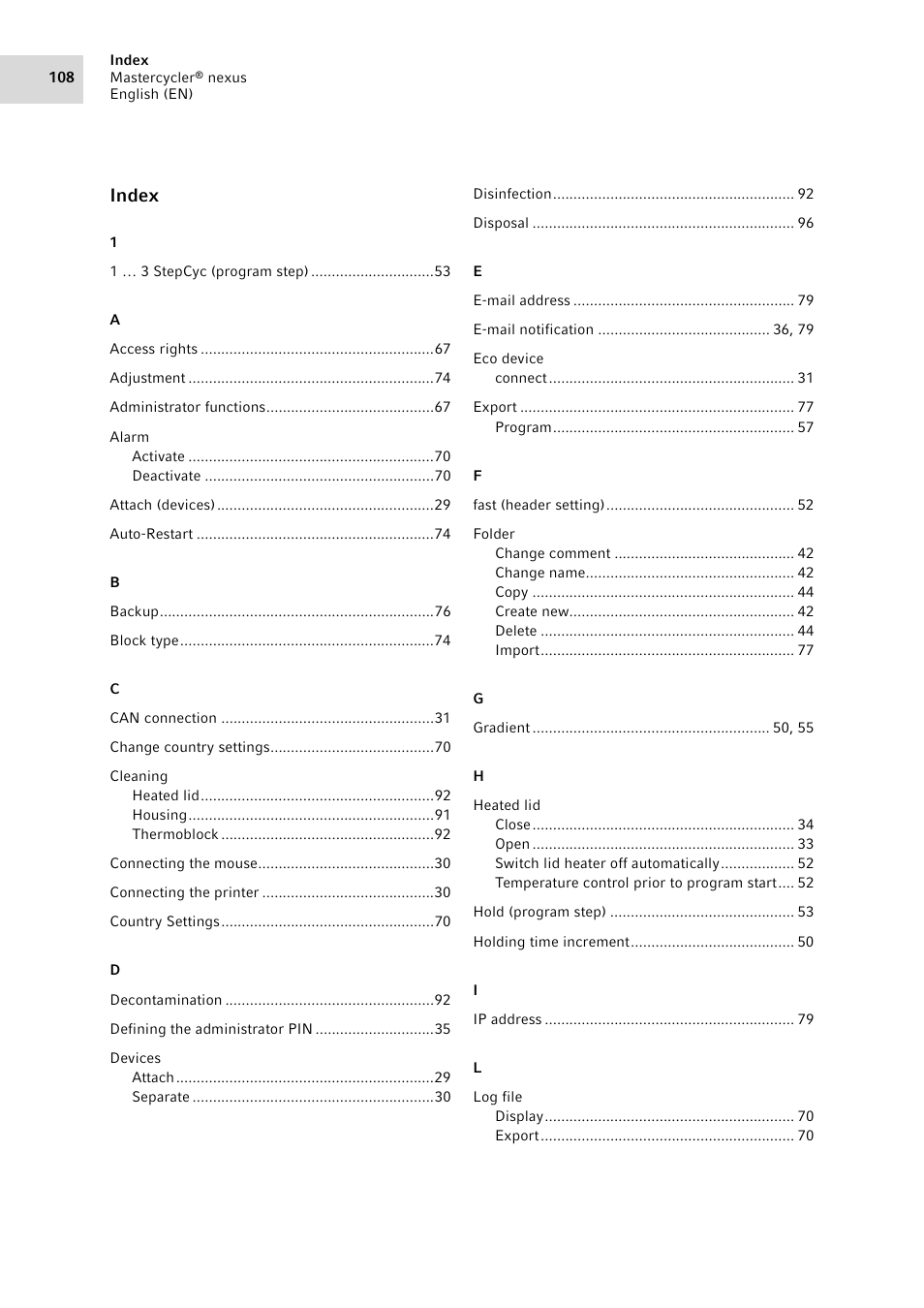 Index | Eppendorf Mastercycler nexus User Manual | Page 108 / 118