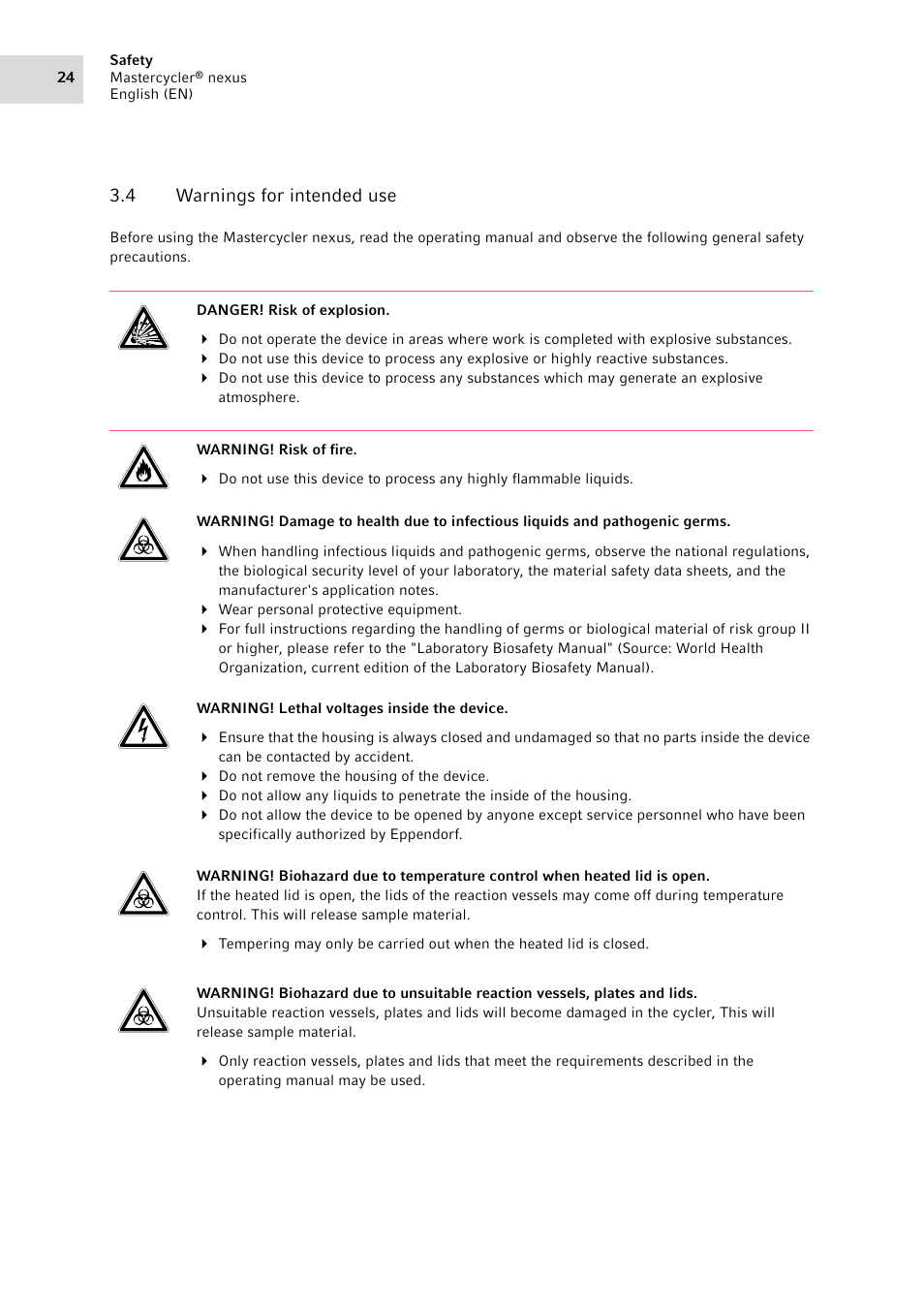 4 warnings for intended use, Warnings for intended use | Eppendorf Mastercycler nexus User Manual | Page 24 / 118