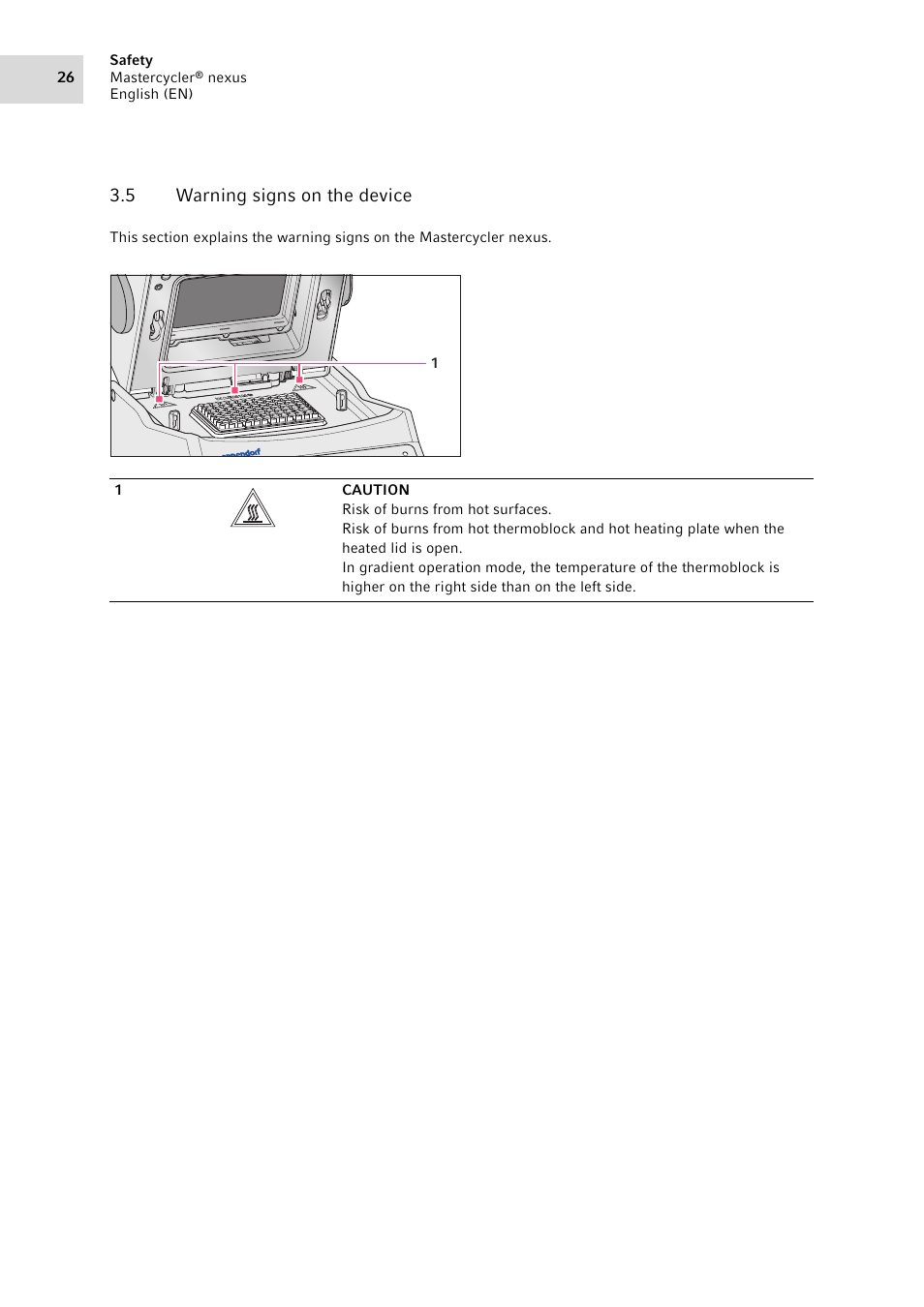 5 warning signs on the device, Warning signs on the device | Eppendorf Mastercycler nexus User Manual | Page 26 / 118