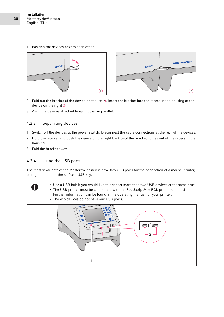 3 separating devices, 4 using the usb ports | Eppendorf Mastercycler nexus User Manual | Page 30 / 118