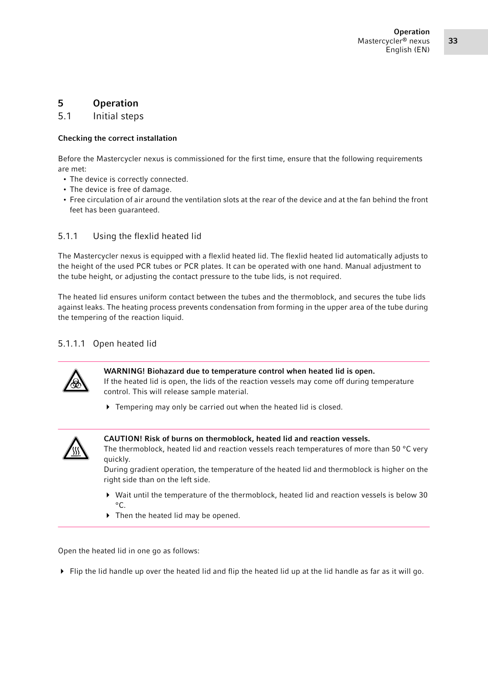 5 operation, 1 initial steps, 1 using the flexlid heated lid | Operation 5.1, Initial steps 5.1.1, Using the flexlid heated lid | Eppendorf Mastercycler nexus User Manual | Page 33 / 118