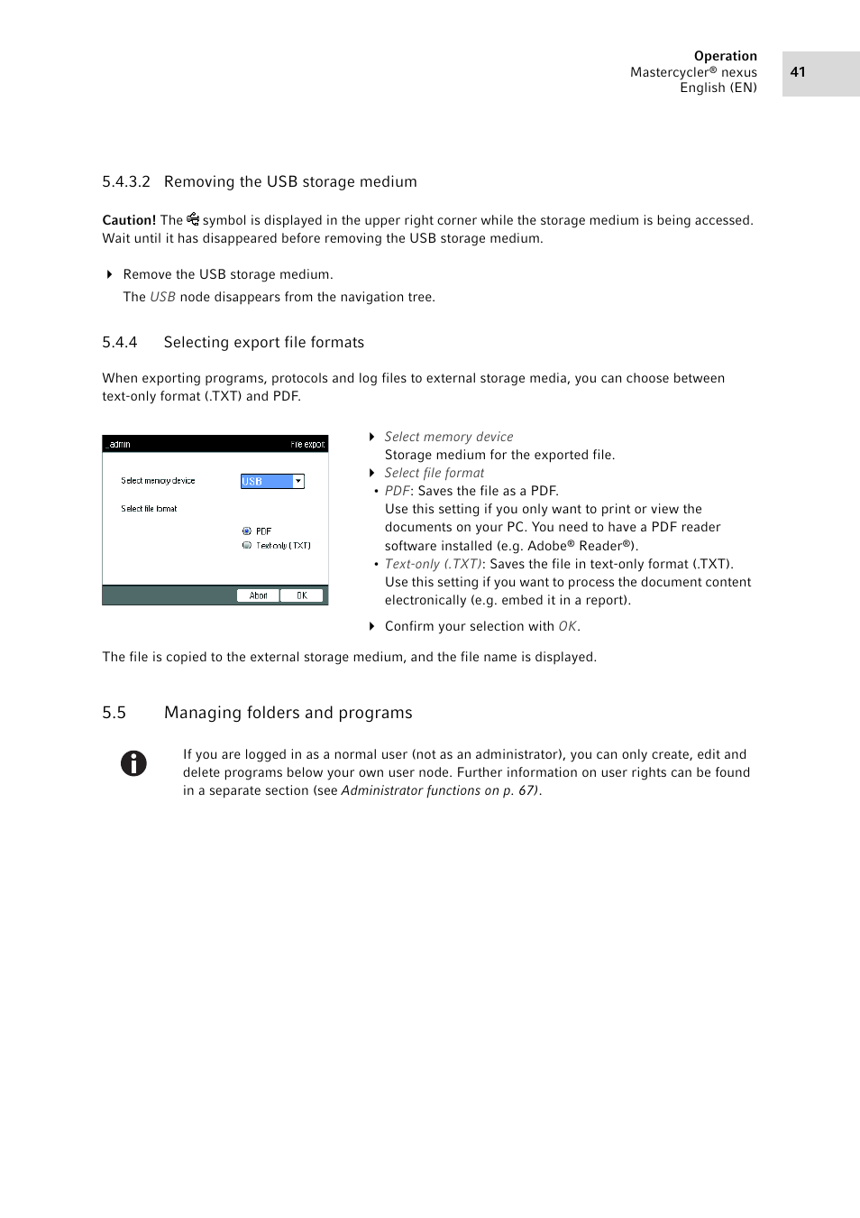 4 selecting export file formats, 5 managing folders and programs, Selecting export file formats | Managing folders and programs | Eppendorf Mastercycler nexus User Manual | Page 41 / 118