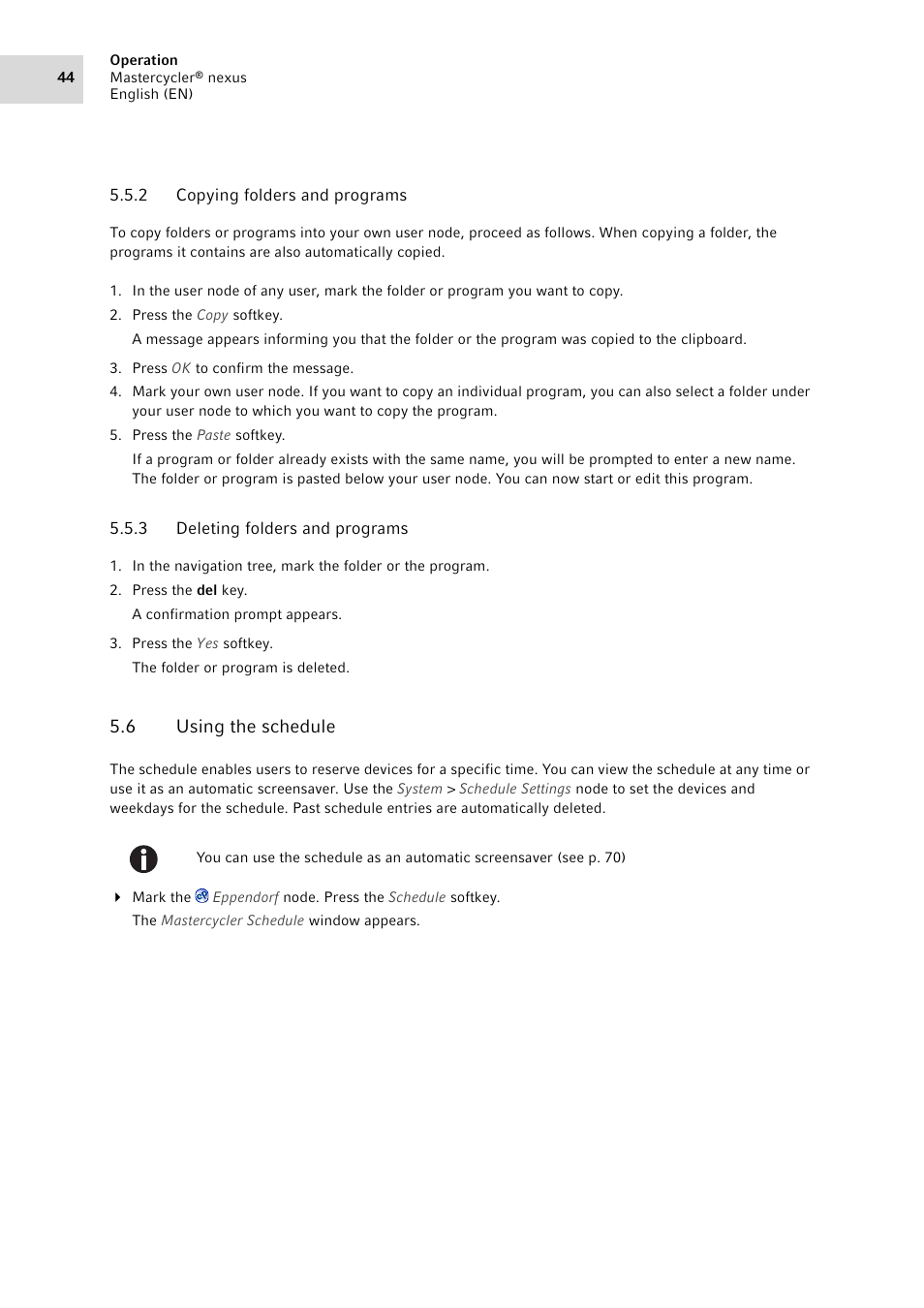 2 copying folders and programs, 3 deleting folders and programs, 6 using the schedule | Copying folders and programs, Deleting folders and programs, Using the schedule | Eppendorf Mastercycler nexus User Manual | Page 44 / 118