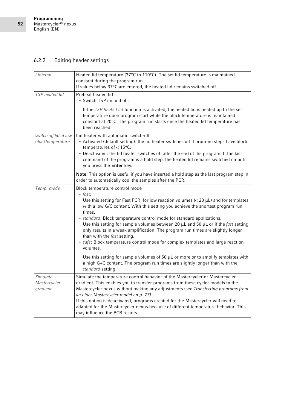 2 editing header settings, Editing header settings | Eppendorf Mastercycler nexus User Manual | Page 52 / 118