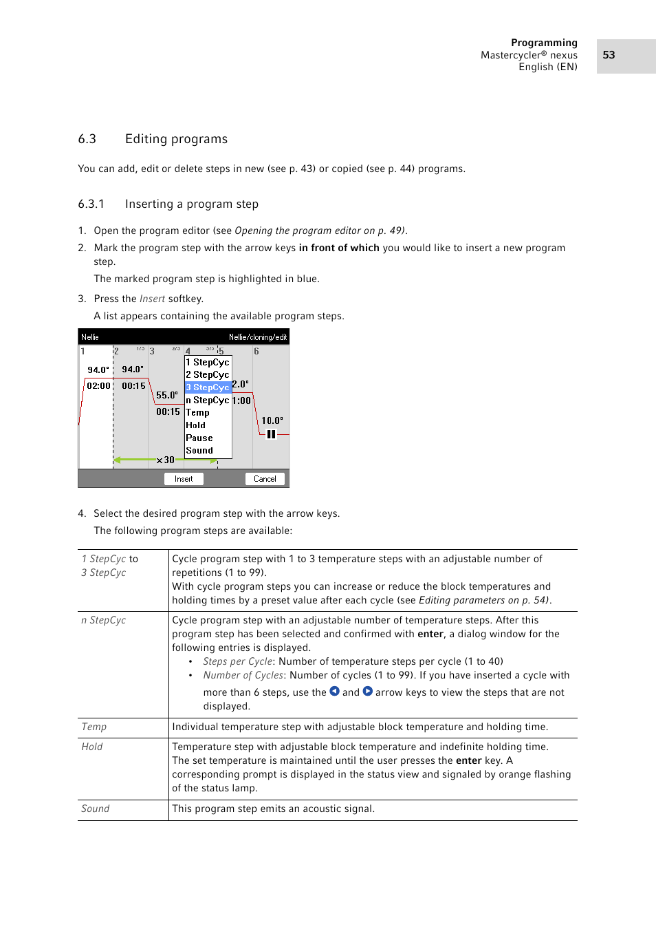 3 editing programs, 1 inserting a program step, Editing programs 6.3.1 | Inserting a program step | Eppendorf Mastercycler nexus User Manual | Page 53 / 118
