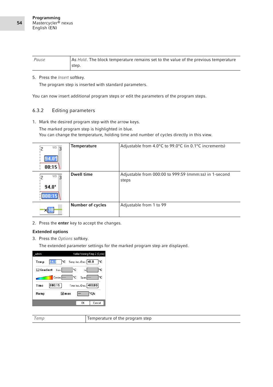 2 editing parameters, Editing parameters, E (see editing parameters on p. 54) | Eppendorf Mastercycler nexus User Manual | Page 54 / 118
