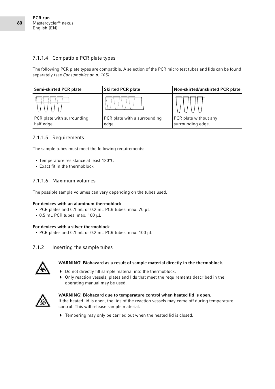 2 inserting the sample tubes, Inserting the sample tubes | Eppendorf Mastercycler nexus User Manual | Page 60 / 118