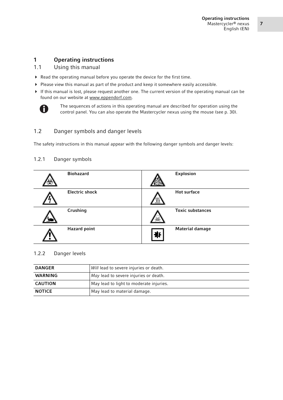 1 operating instructions, 1 using this manual, 2 danger symbols and danger levels | 1 danger symbols, 2 danger levels, Operating instructions 1.1, Using this manual, Danger symbols and danger levels 1.2.1, Danger symbols, Danger levels | Eppendorf Mastercycler nexus User Manual | Page 7 / 118