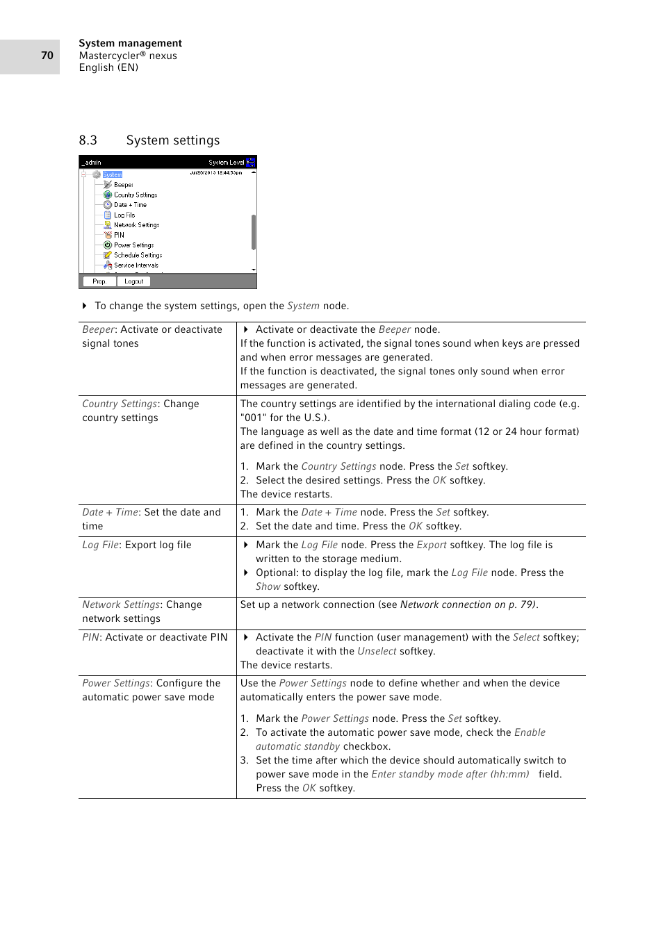 3 system settings, System settings, System settings on p. 70) | Vated (see system settings on p. 70), S (see system settings on p. 70), Me (see system settings on p. 70) | Eppendorf Mastercycler nexus User Manual | Page 70 / 118