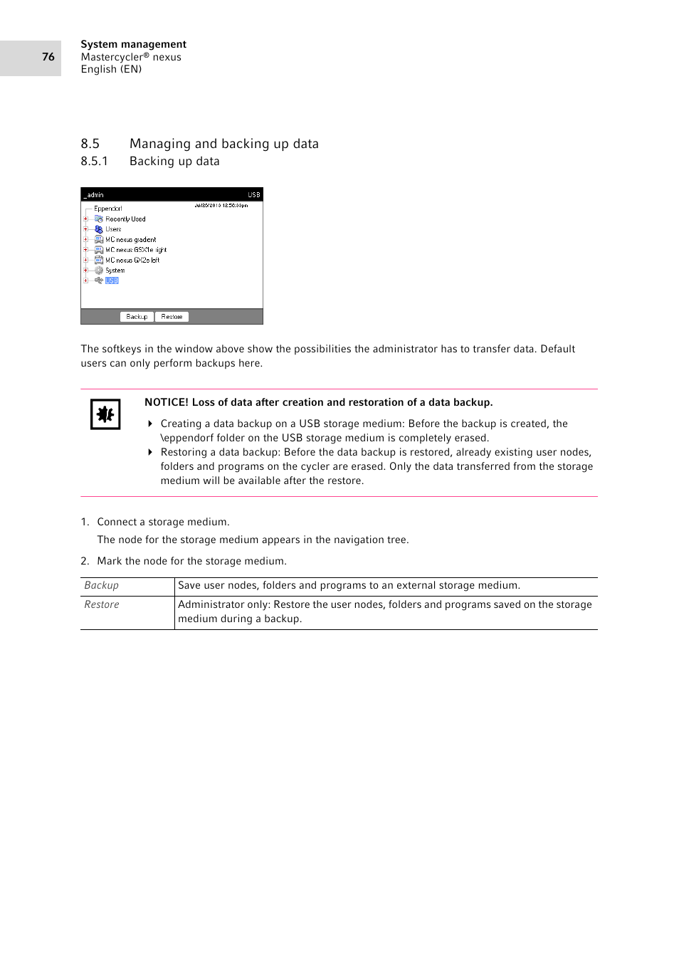 5 managing and backing up data, 1 backing up data, Managing and backing up data 8.5.1 | Backing up data | Eppendorf Mastercycler nexus User Manual | Page 76 / 118