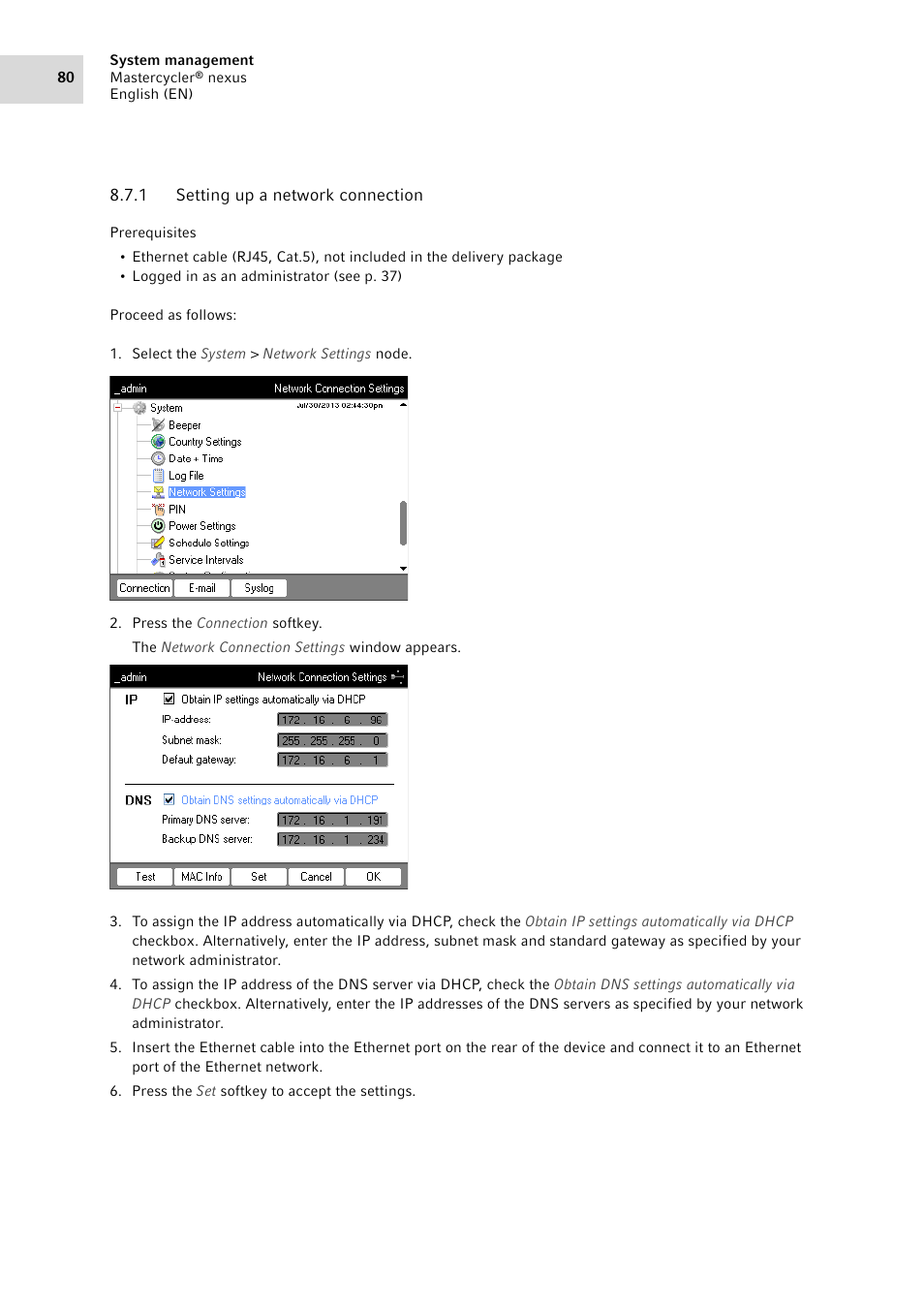 1 setting up a network connection, Setting up a network connection | Eppendorf Mastercycler nexus User Manual | Page 80 / 118