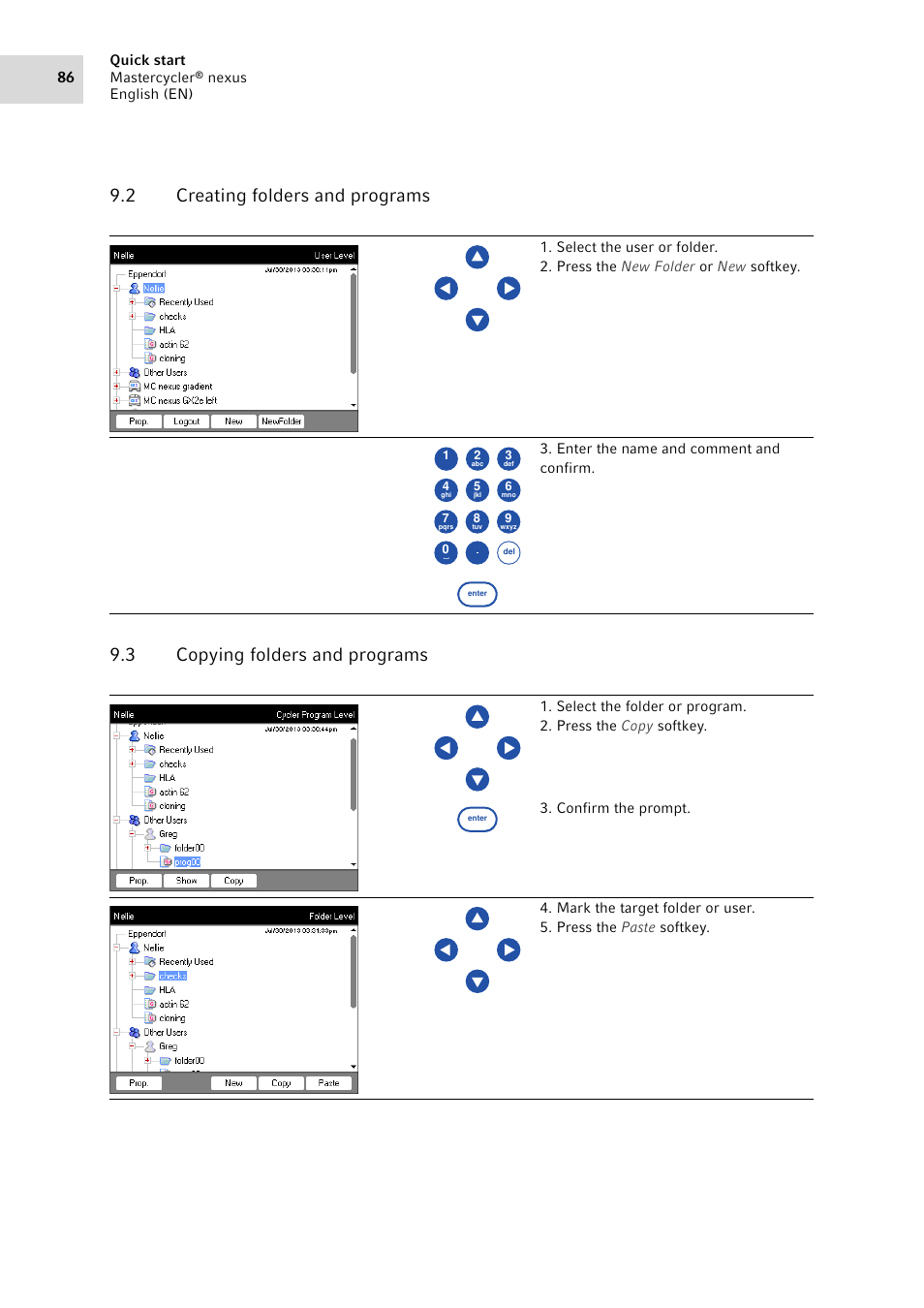 2 creating folders and programs, 3 copying folders and programs, Creating folders and programs | Copying folders and programs | Eppendorf Mastercycler nexus User Manual | Page 86 / 118