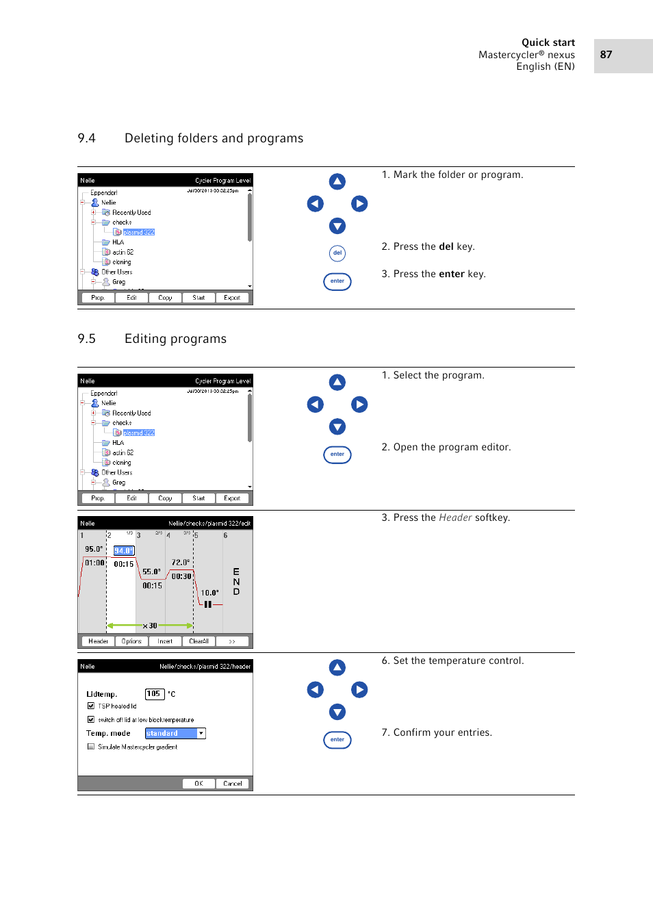 4 deleting folders and programs, 5 editing programs, Deleting folders and programs | Editing programs | Eppendorf Mastercycler nexus User Manual | Page 87 / 118