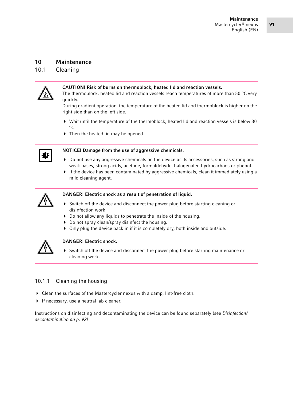 10 maintenance, 1 cleaning, 1 cleaning the housing | Cleaning 10.1.1, Cleaning the housing | Eppendorf Mastercycler nexus User Manual | Page 91 / 118