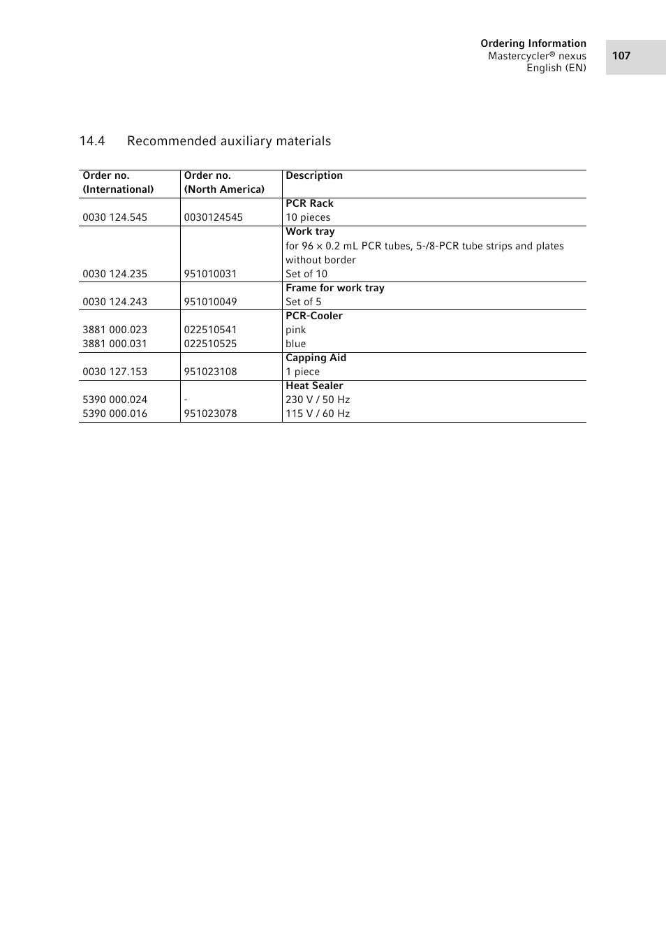 4 recommended auxiliary materials, Recommended auxiliary materials | Eppendorf Mastercycler nexus User Manual | Page 107 / 142