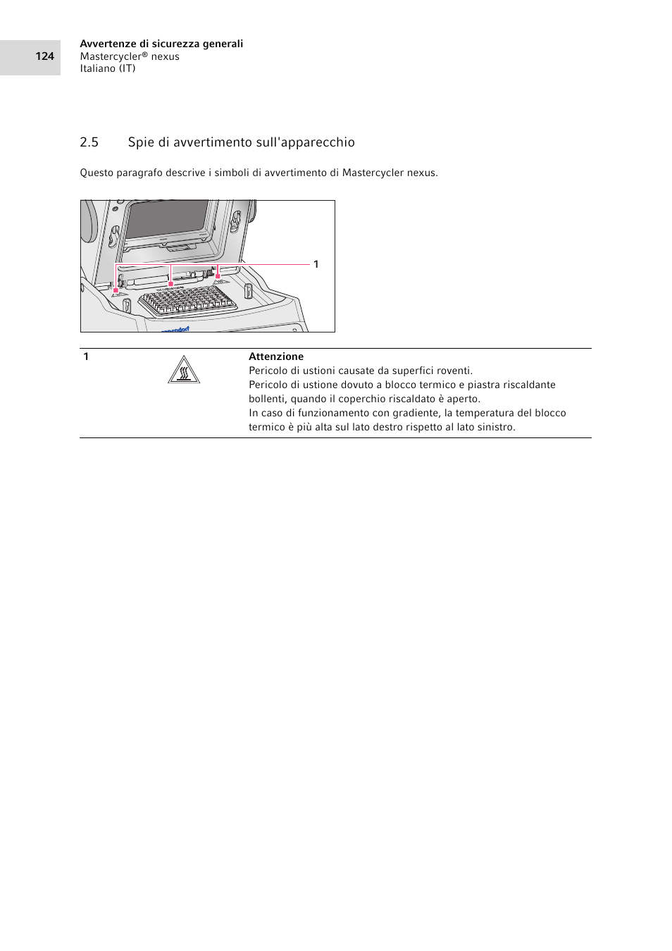 5 spie di avvertimento sull'apparecchio, Spie di avvertimento sull'apparecchio | Eppendorf Mastercycler nexus User Manual | Page 124 / 142