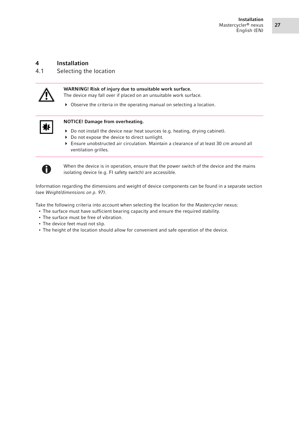 4 installation, 1 selecting the location, Installation 4.1 | Selecting the location | Eppendorf Mastercycler nexus User Manual | Page 27 / 142