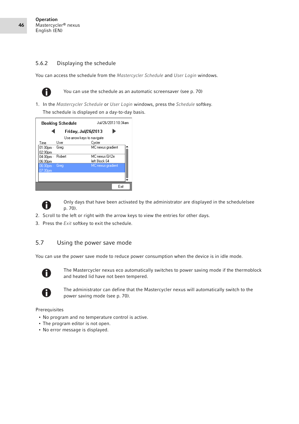 2 displaying the schedule, 7 using the power save mode, Displaying the schedule | Using the power save mode | Eppendorf Mastercycler nexus User Manual | Page 46 / 142