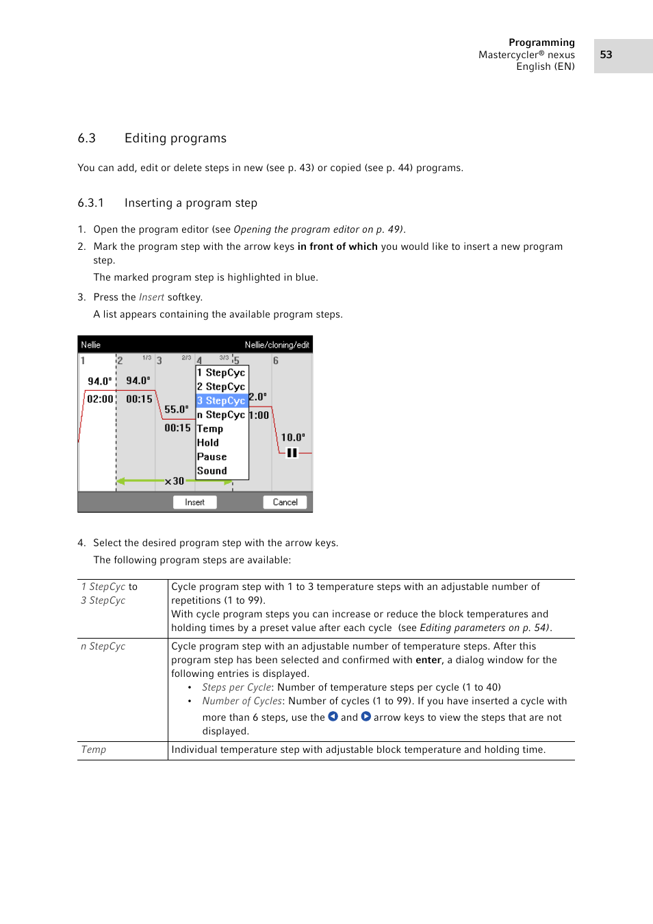 3 editing programs, 1 inserting a program step, Editing programs 6.3.1 | Inserting a program step | Eppendorf Mastercycler nexus User Manual | Page 53 / 142