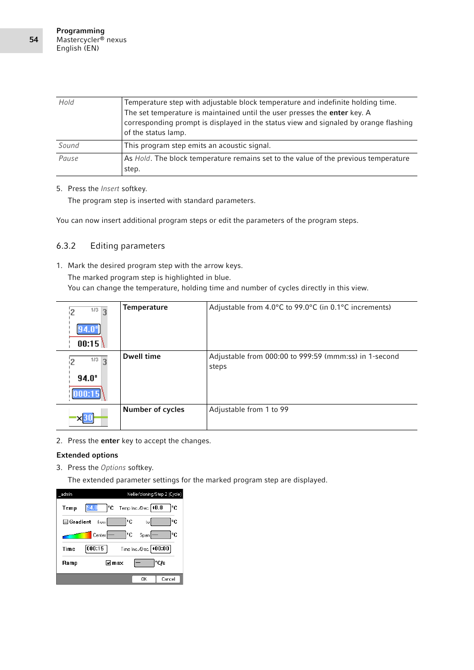 2 editing parameters, Editing parameters, See editing parameters on p. 54) | Eppendorf Mastercycler nexus User Manual | Page 54 / 142