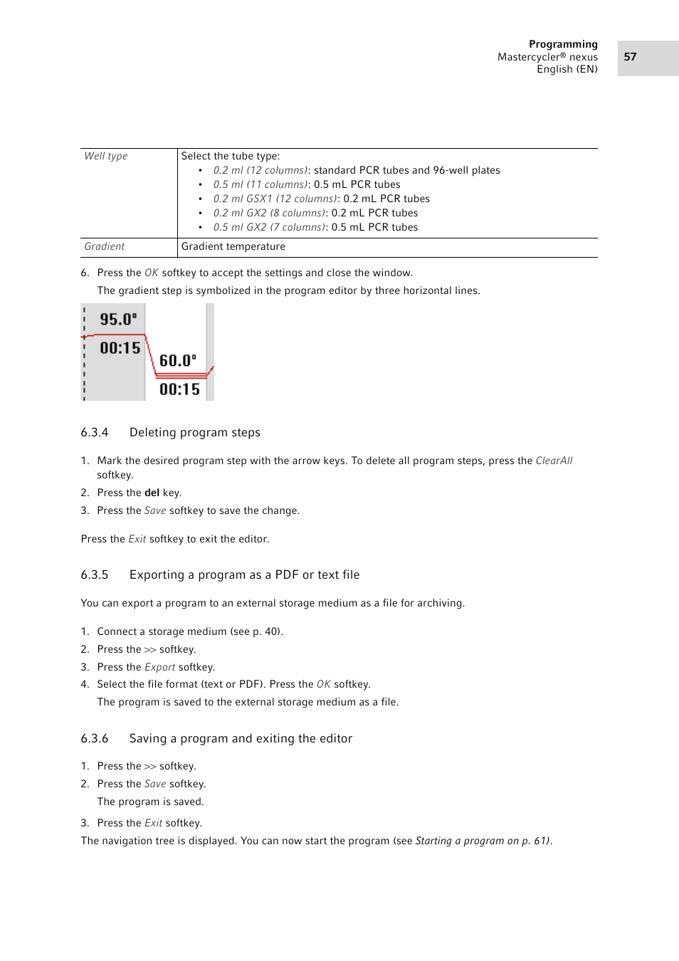 4 deleting program steps, 5 exporting a program as a pdf or text file, 6 saving a program and exiting the editor | Deleting program steps, Exporting a program as a pdf or text file, Saving a program and exiting the editor | Eppendorf Mastercycler nexus User Manual | Page 57 / 142