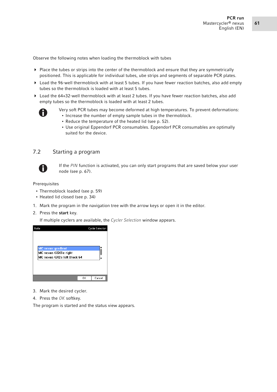 2 starting a program, Starting a program | Eppendorf Mastercycler nexus User Manual | Page 61 / 142