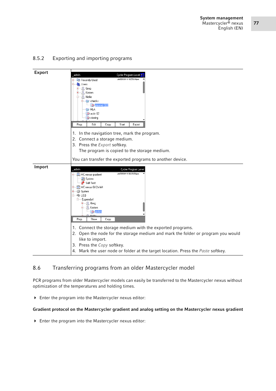 2 exporting and importing programs, Exporting and importing programs | Eppendorf Mastercycler nexus User Manual | Page 77 / 142