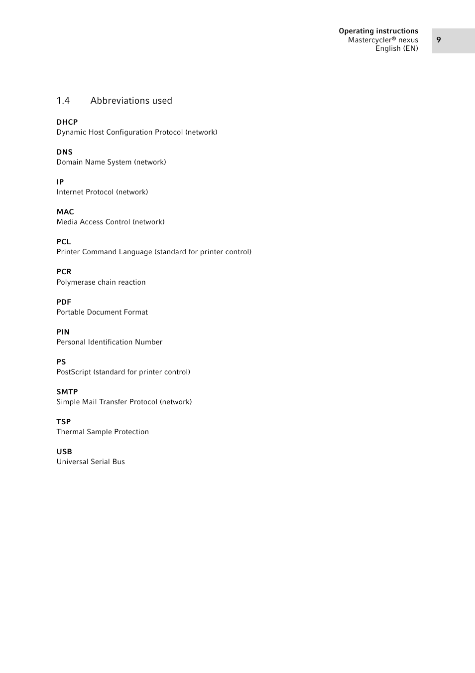 4 abbreviations used, Abbreviations used | Eppendorf Mastercycler nexus User Manual | Page 9 / 142