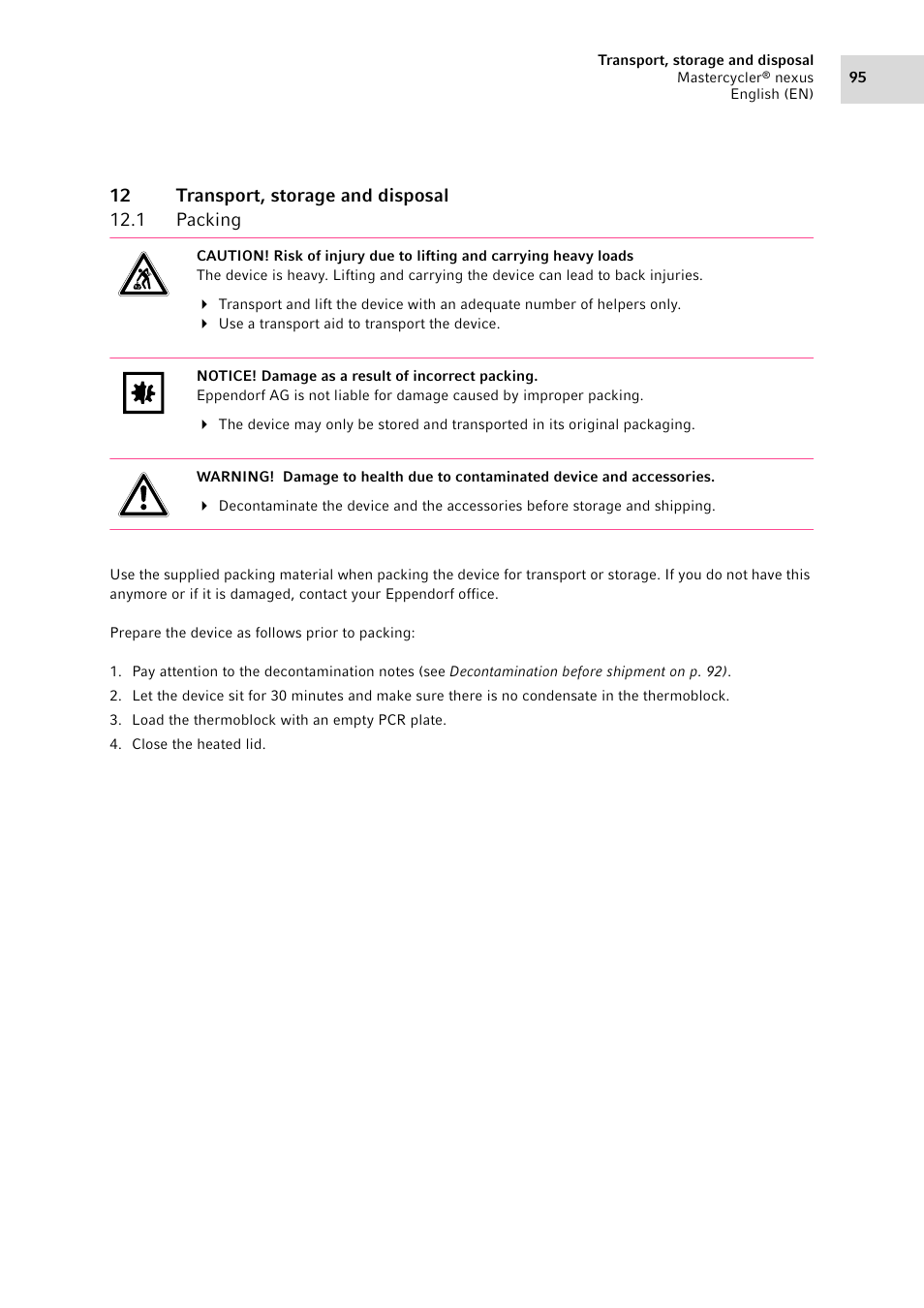 12 transport, storage and disposal, 1 packing, Packing | Eppendorf Mastercycler nexus User Manual | Page 95 / 142