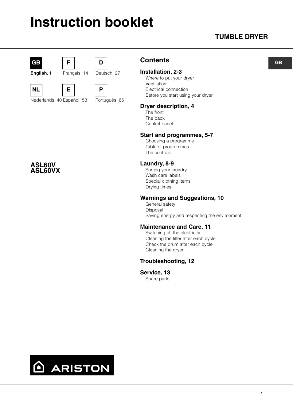 Ariston ASL60V User Manual | 80 pages