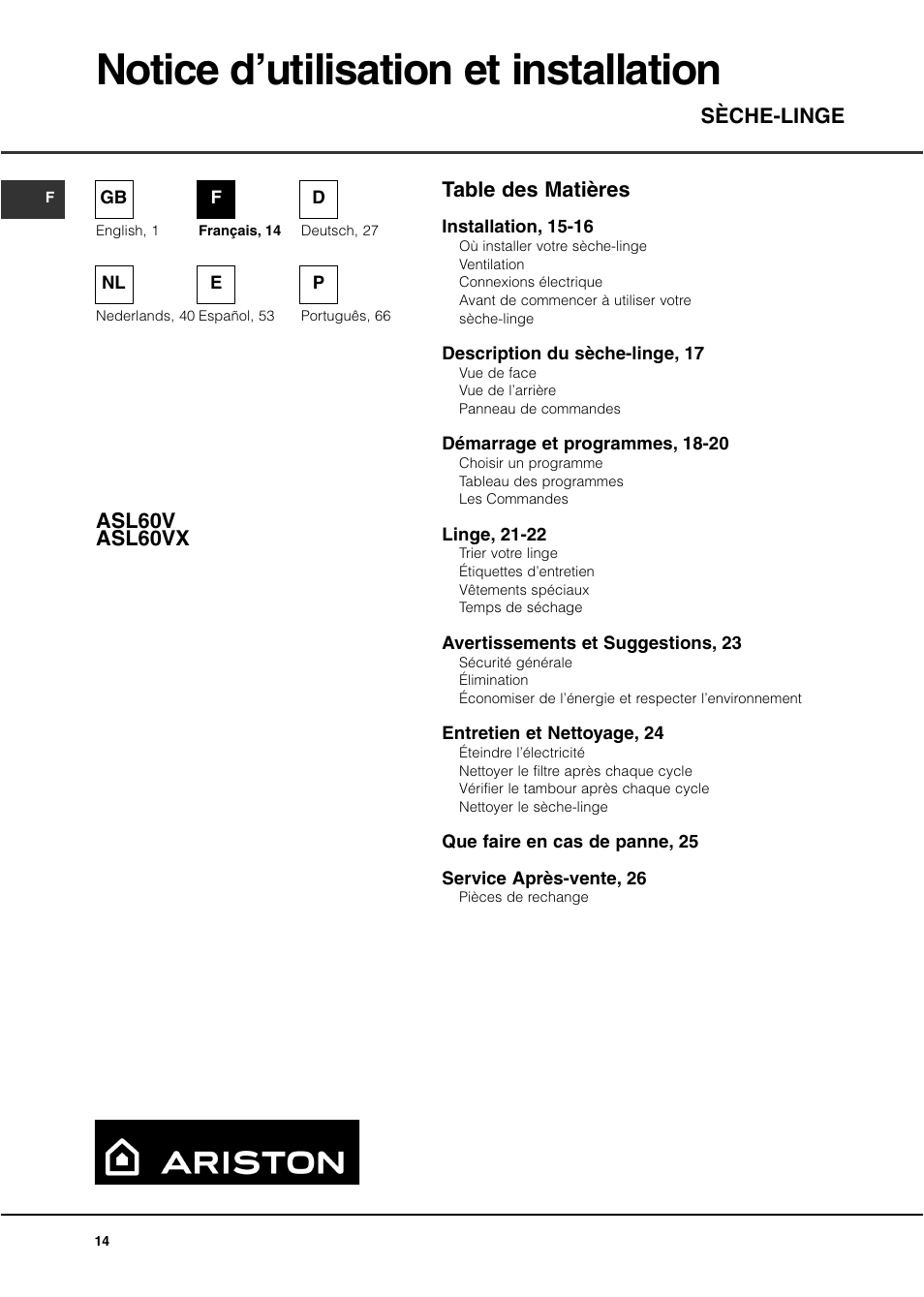 Ariston ASL60V User Manual | Page 14 / 80