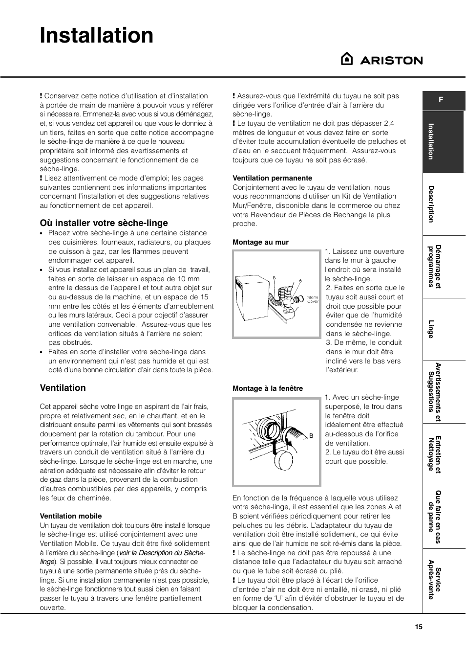 Installation, Où installer votre sèche-linge, Ventilation | Ariston ASL60V User Manual | Page 15 / 80