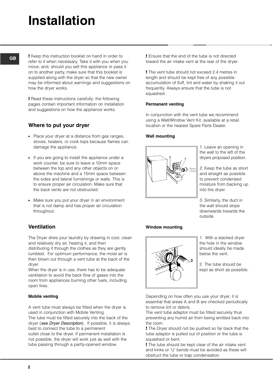 Installation, Where to put your dryer, Ventilation | Ariston ASL60V User Manual | Page 2 / 80