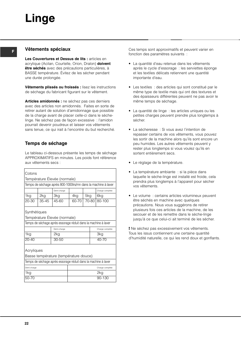 Linge, Vêtements spéciaux, Temps de séchage | Ariston ASL60V User Manual | Page 22 / 80