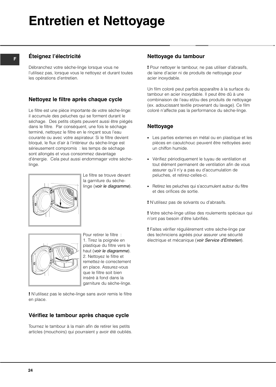 Entretien et nettoyage | Ariston ASL60V User Manual | Page 24 / 80