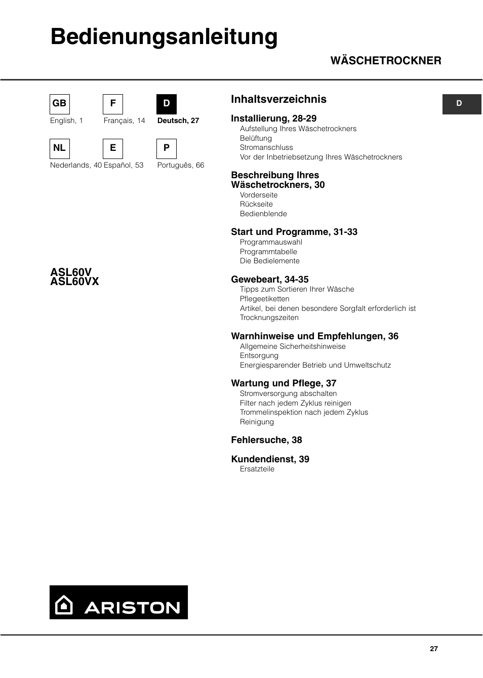 Bedienungsanleitung, Inhaltsverzeichnis wäschetrockner asl60v asl60vx | Ariston ASL60V User Manual | Page 27 / 80