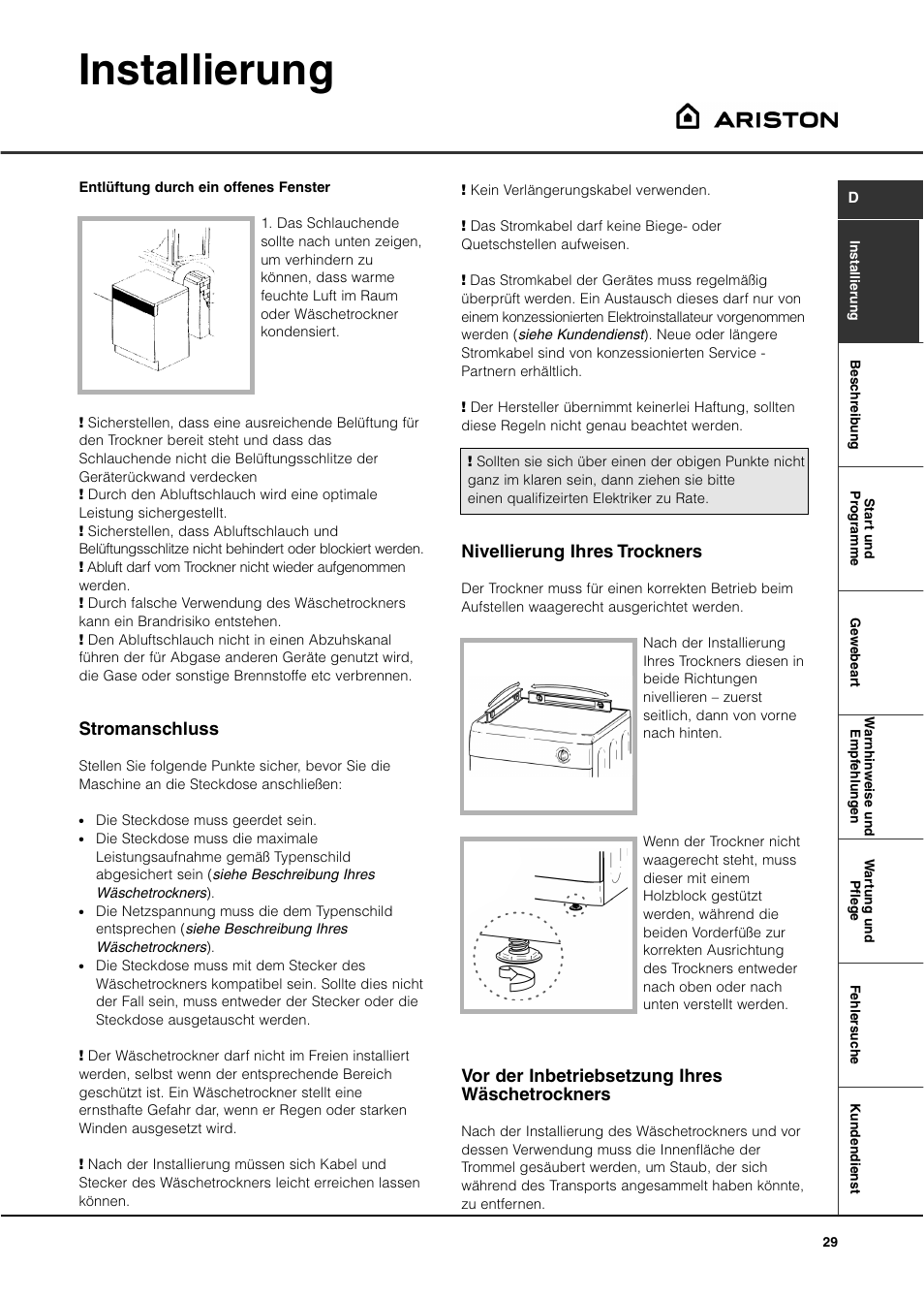Installierung, Stromanschluss, Nivellierung ihres trockners | Vor der inbetriebsetzung ihres wäschetrockners | Ariston ASL60V User Manual | Page 29 / 80