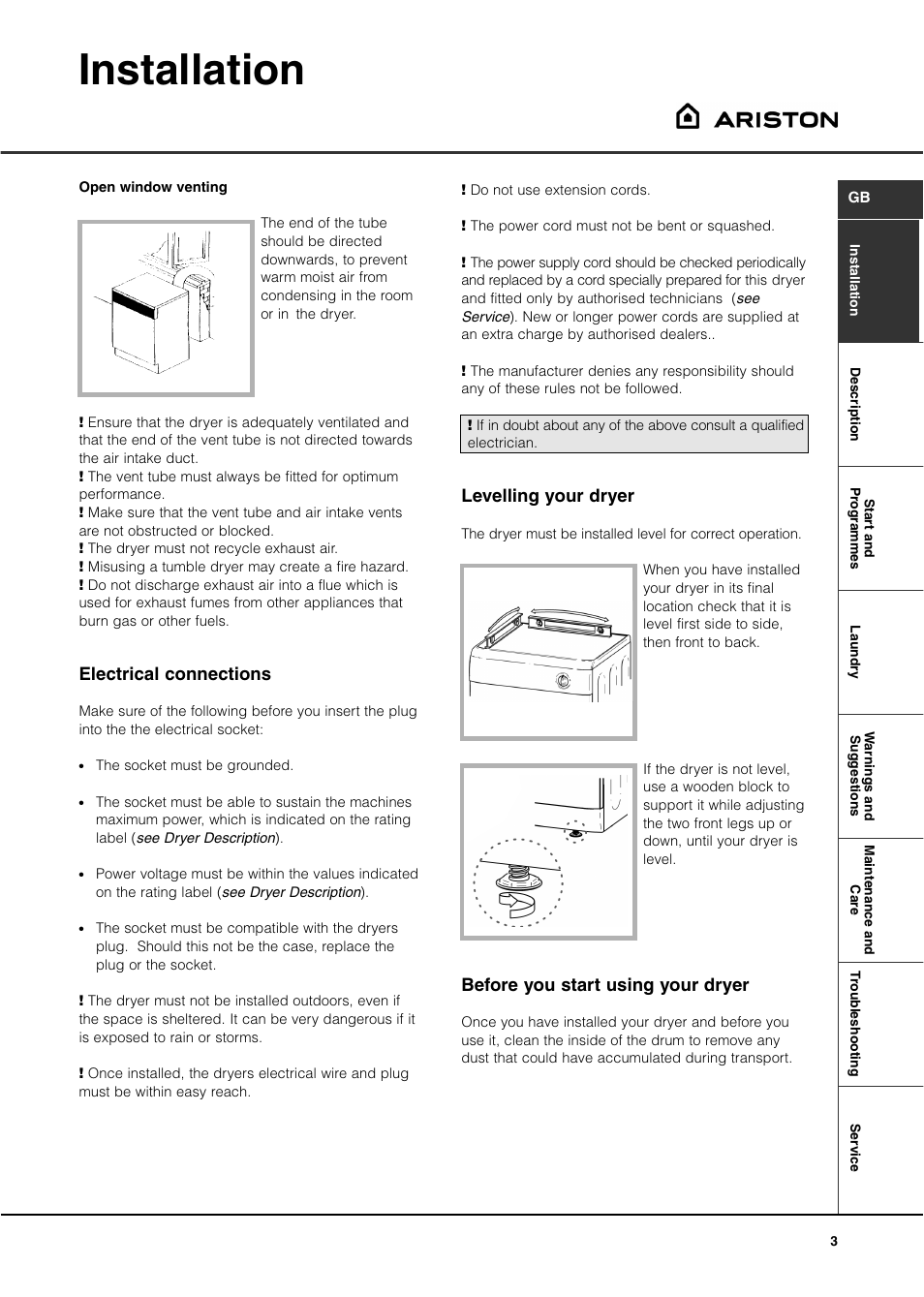 Installation, Levelling your dryer, Before you start using your dryer | Electrical connections | Ariston ASL60V User Manual | Page 3 / 80