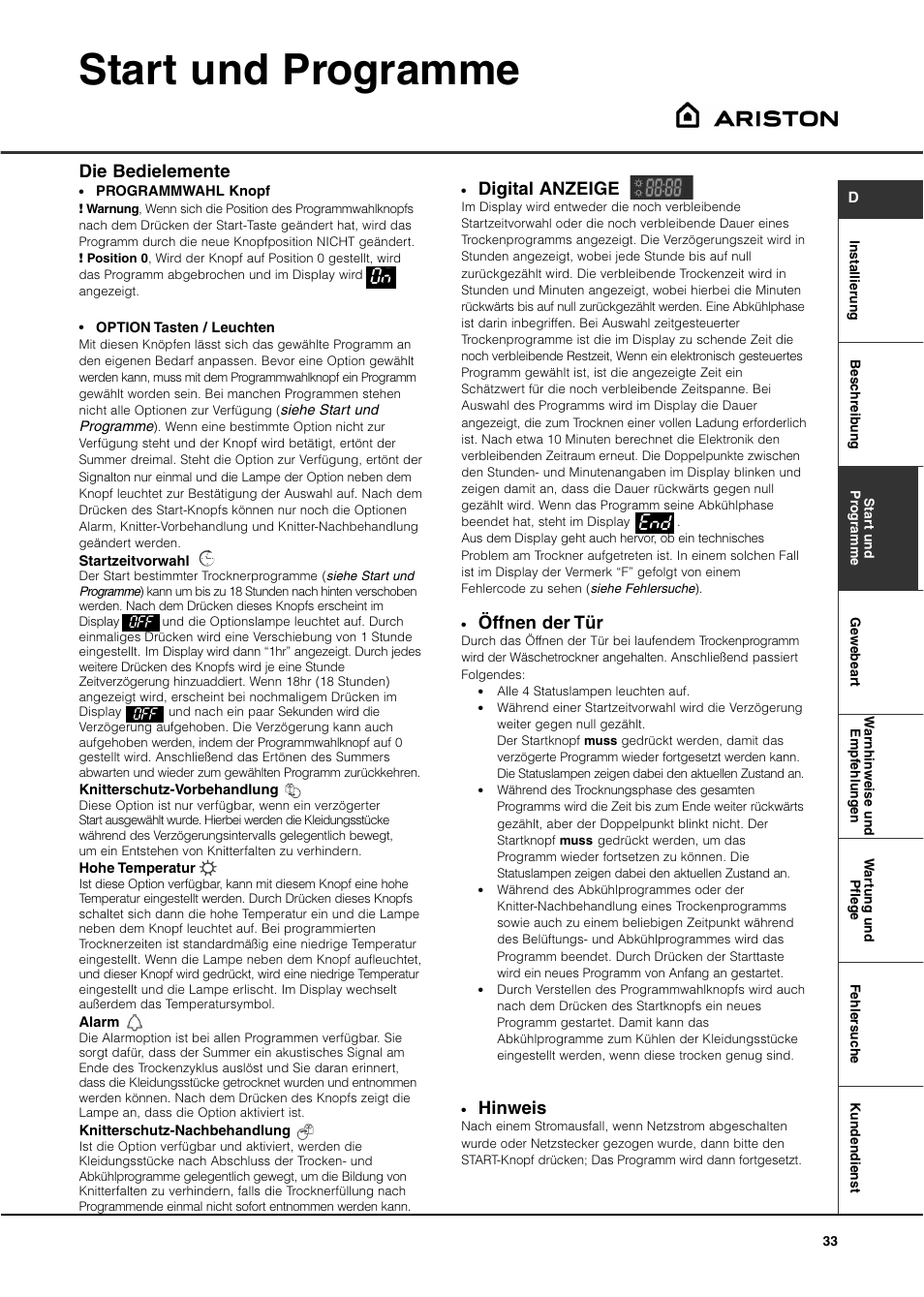 Start und programme, Digital anzeige, Öffnen der tür | Hinweis, Die bedielemente | Ariston ASL60V User Manual | Page 33 / 80
