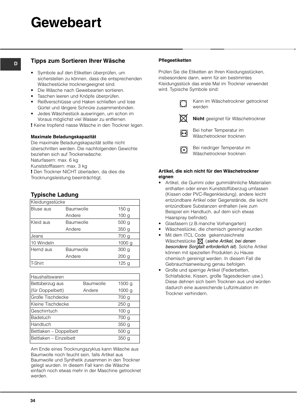 Gewebeart, Tipps zum sortieren ihrer wäsche, Typische ladung | Ariston ASL60V User Manual | Page 34 / 80