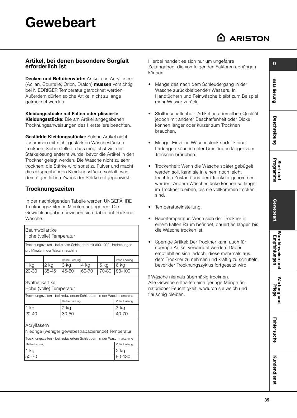 Gewebeart, Trocknungszeiten | Ariston ASL60V User Manual | Page 35 / 80