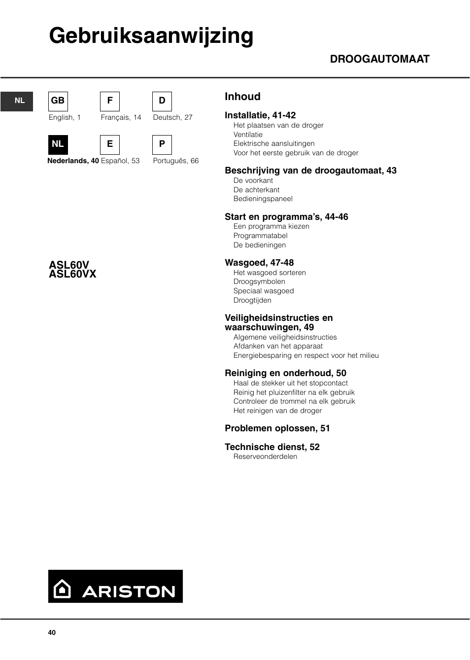 Gebruiksaanwijzing, Inhoud droogautomaat asl60v asl60vx | Ariston ASL60V User Manual | Page 40 / 80