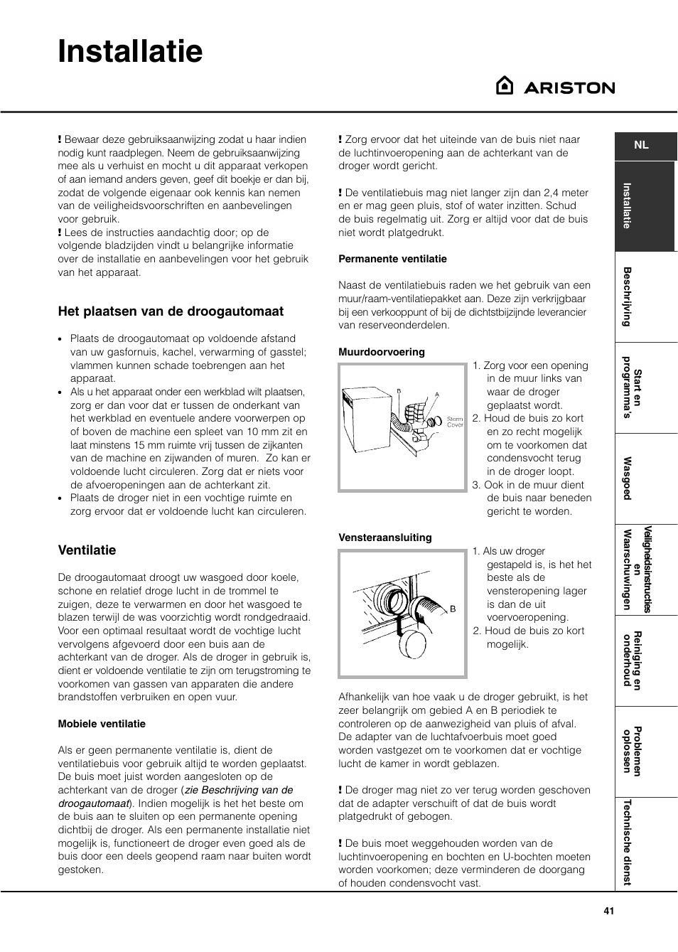 Installatie, Het plaatsen van de droogautomaat, Ventilatie | Ariston ASL60V User Manual | Page 41 / 80